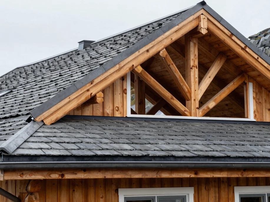 Close-up of a timber-clad home's roof structure in Western Norway