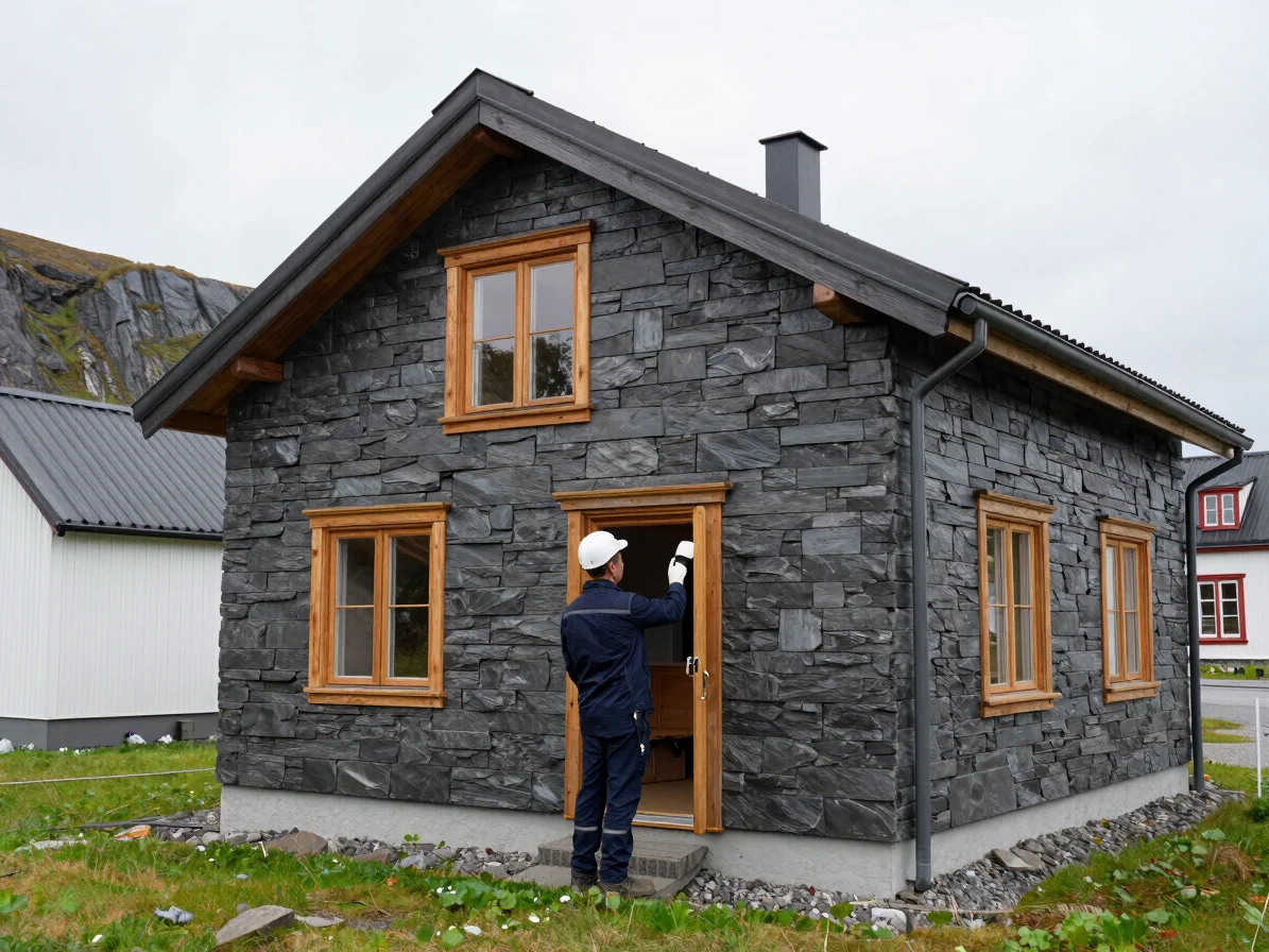 Bustad i naturstein med saltak, trevindauge og synleg grunnmur.