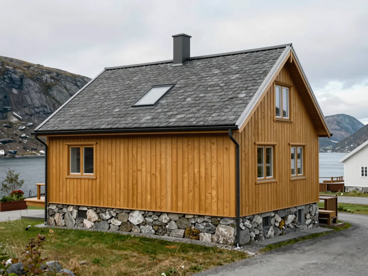 Modern Norwegian residential exterior with steep roof and mossy s