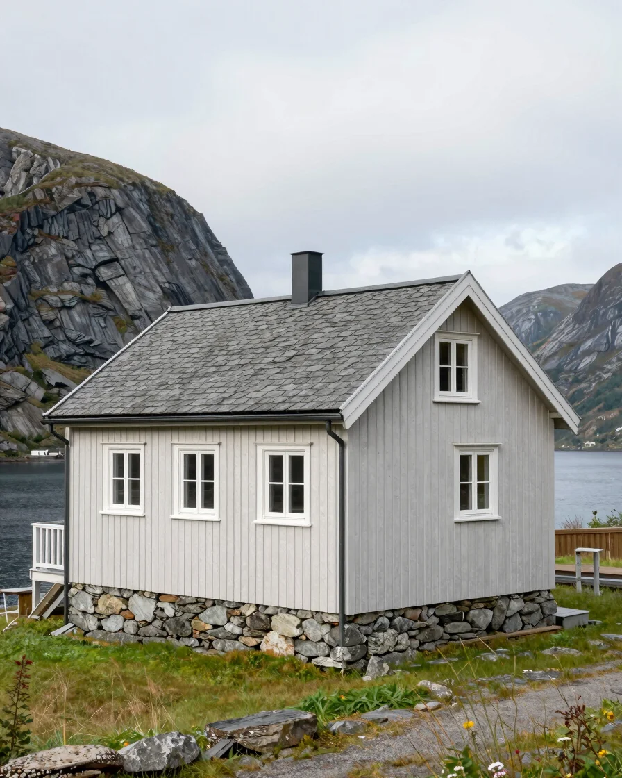 timber-clad home in Western Norway, steep roof, mossy stone found